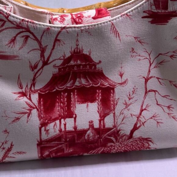 Talbots Red Toile Bamboo Handle Bag | Chinoiserie Pagoda Print | Top Handle - Picture 5 of 8